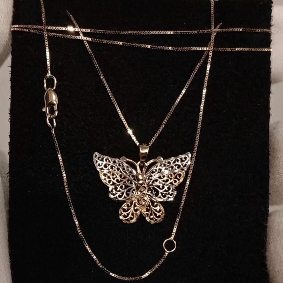 10k Gold Necklace Butterfly 2-tone Pendant + Adjustable chain Solid real 10kt - Picture 1 of 5